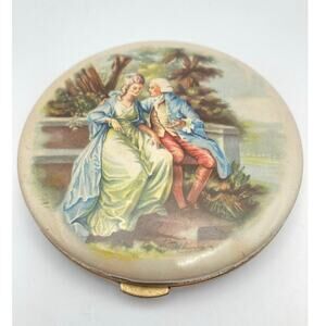 Vintage Lin-Bren Enameled Victorian Courting Themed Powder Compact w/Powder Puff